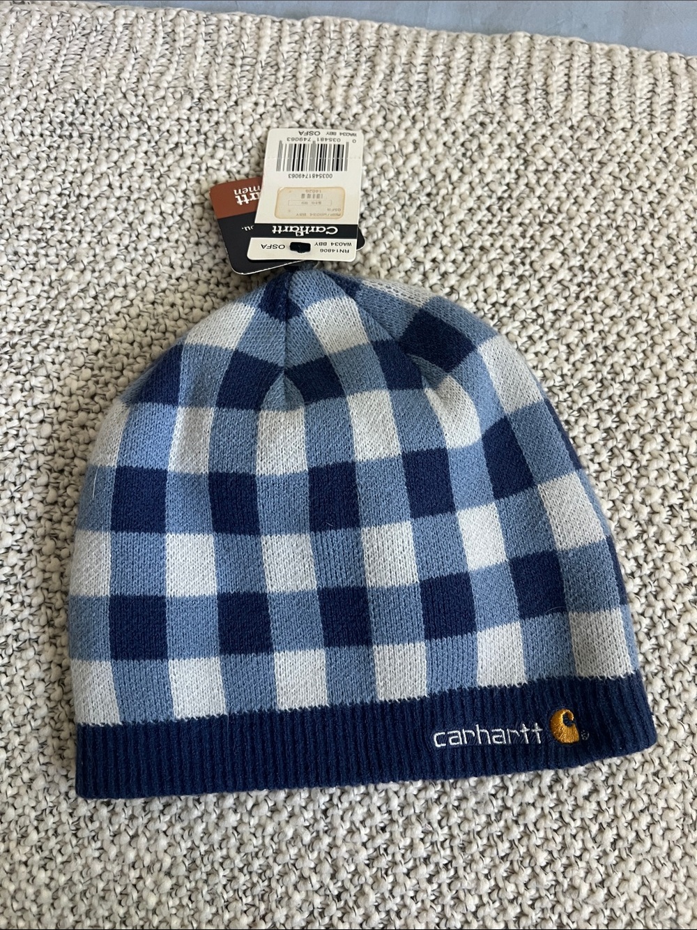 Carhartt Women’s Navy and Light Blue Check Knit Beanie